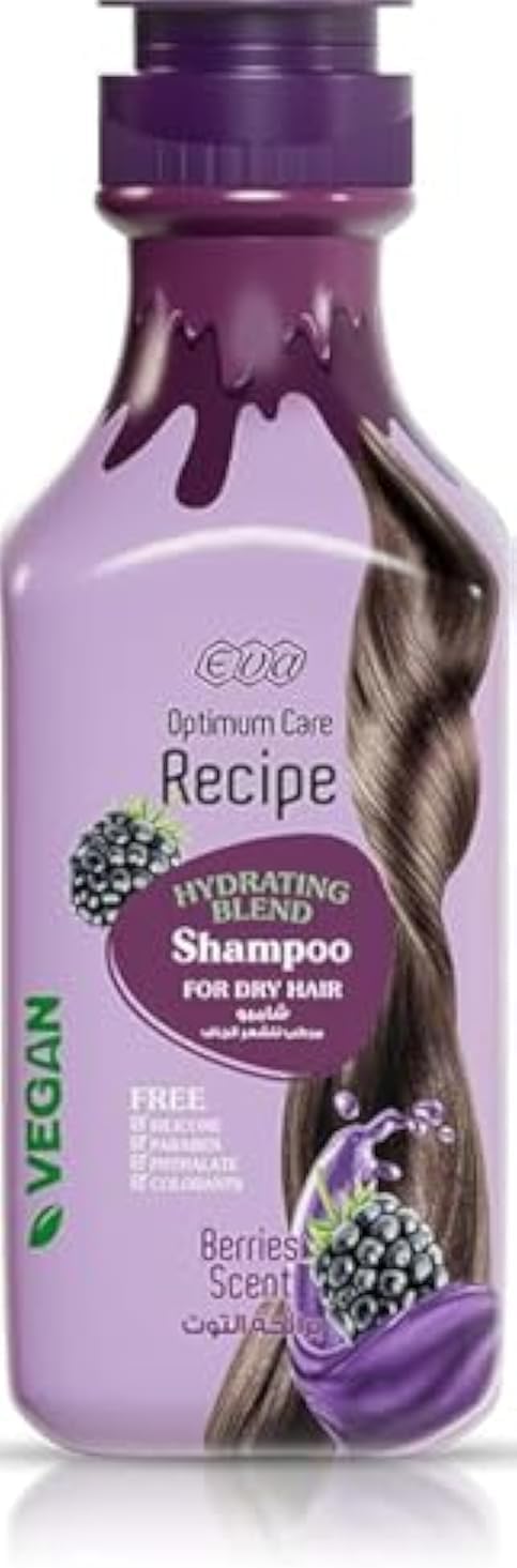 Eva Optimum Care shampoo berries scent, hydrating blend formula for dry hair, packed in a stylish purple bottle