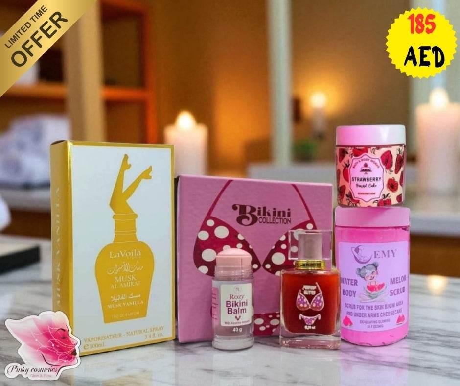 Feminine Glow Self-Care Set – 4-Piece Skincare & Fragrance Kit - Women’s Skincare & Fragrance Bundle - LaVoila, EMY, Bikini Collection, Home & Body Works -- United Arab Emirates -- Pinky Cosmetics