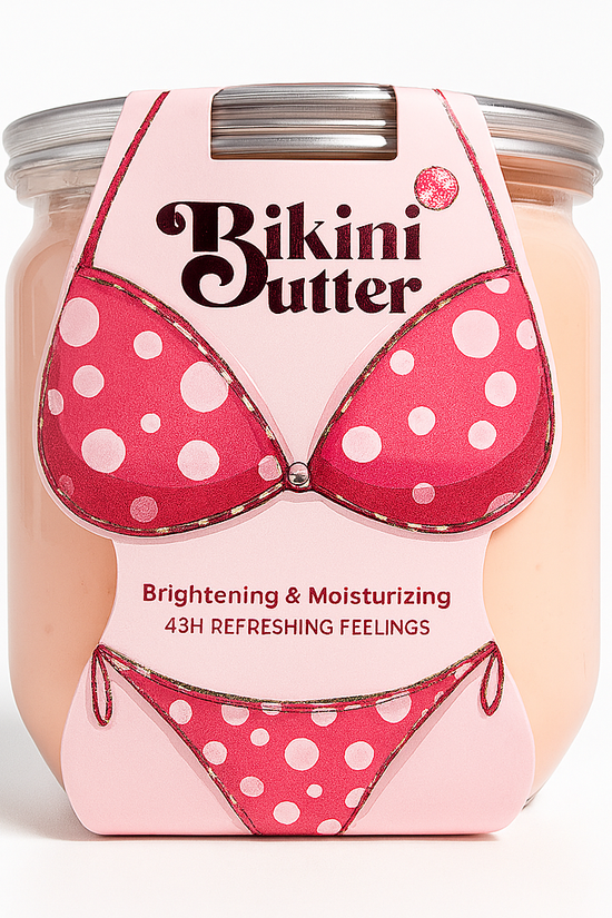 Jar of 'Bikini Butter' with pink polka dot design on a white background