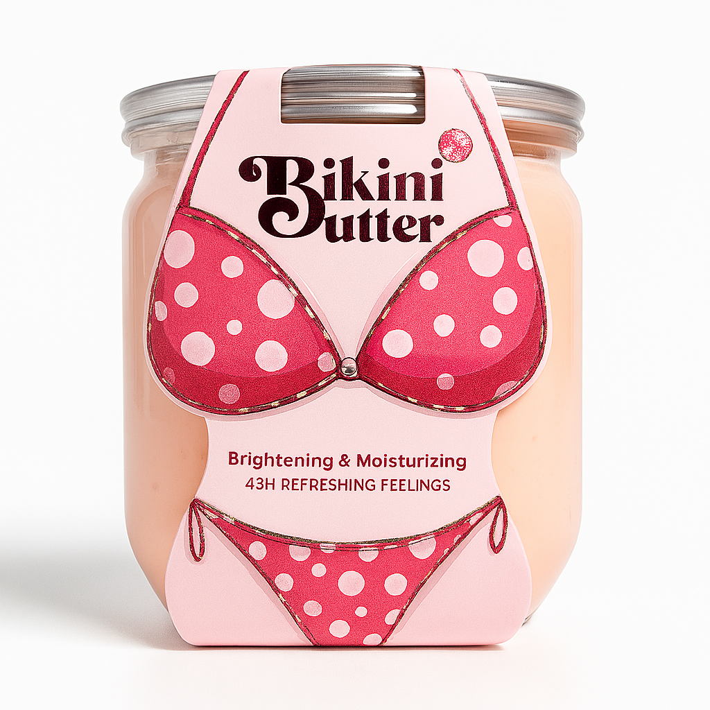 Jar of 'Bikini Butter' with pink polka dot design on a white background