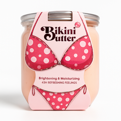 Jar of 'Bikini Butter' with pink polka dot design on a white background