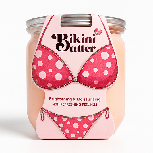 Jar of 'Bikini Butter' with pink polka dot design on a white background