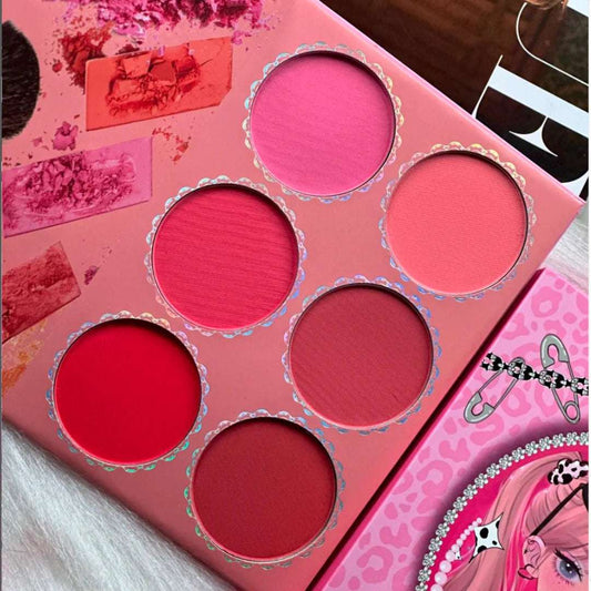 Colorful 4 in 1 makeup palette featuring six shades of blush in pink and red tones for versatile makeup looks