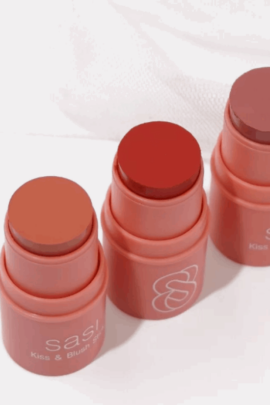 Sasi Kiss & Blush Stick in shade 04 First Love, featuring soft, blendable colors for a natural flush on cheeks and lips