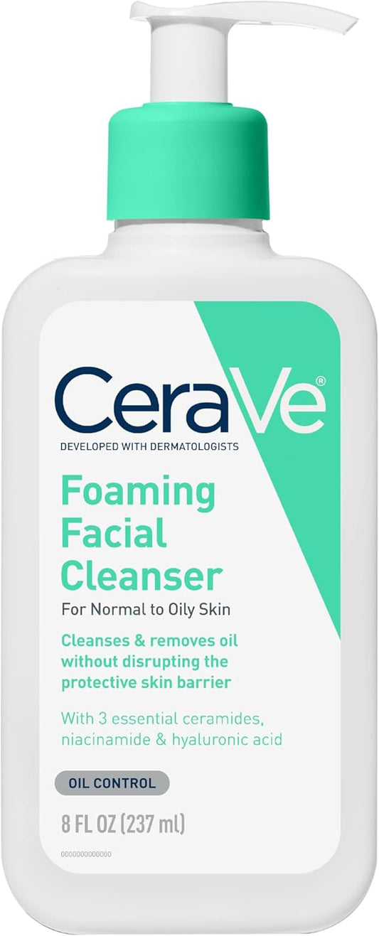 CeraVe foaming facial cleanser normal oily skin in a 355ml bottle, designed to cleanse while maintaining skin's protective barrier.