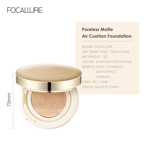 FOCALLURE Poreless BB Cushion Foundation – Full Coverage & Matte Finish - - Pinky Cosmetics -- United Arab Emirates -- Pinky Cosmetics