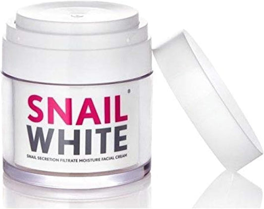 SNAILWHITE facial cream in a sleek white jar, featuring snail secretion filtrate for deep moisturizing and skin rejuvenation.