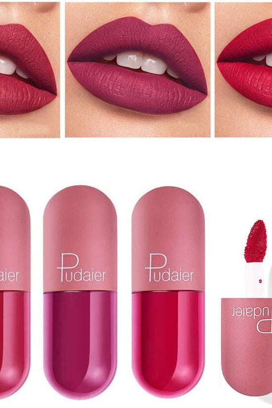 Set of three mini capsule matte lipsticks in vibrant colors with a soft applicator. Buy mini lipstick online UAE.