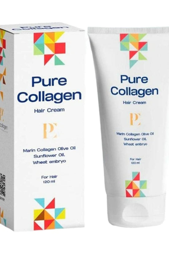 Pure Collagen hair cream packaging with box and tube on a white background