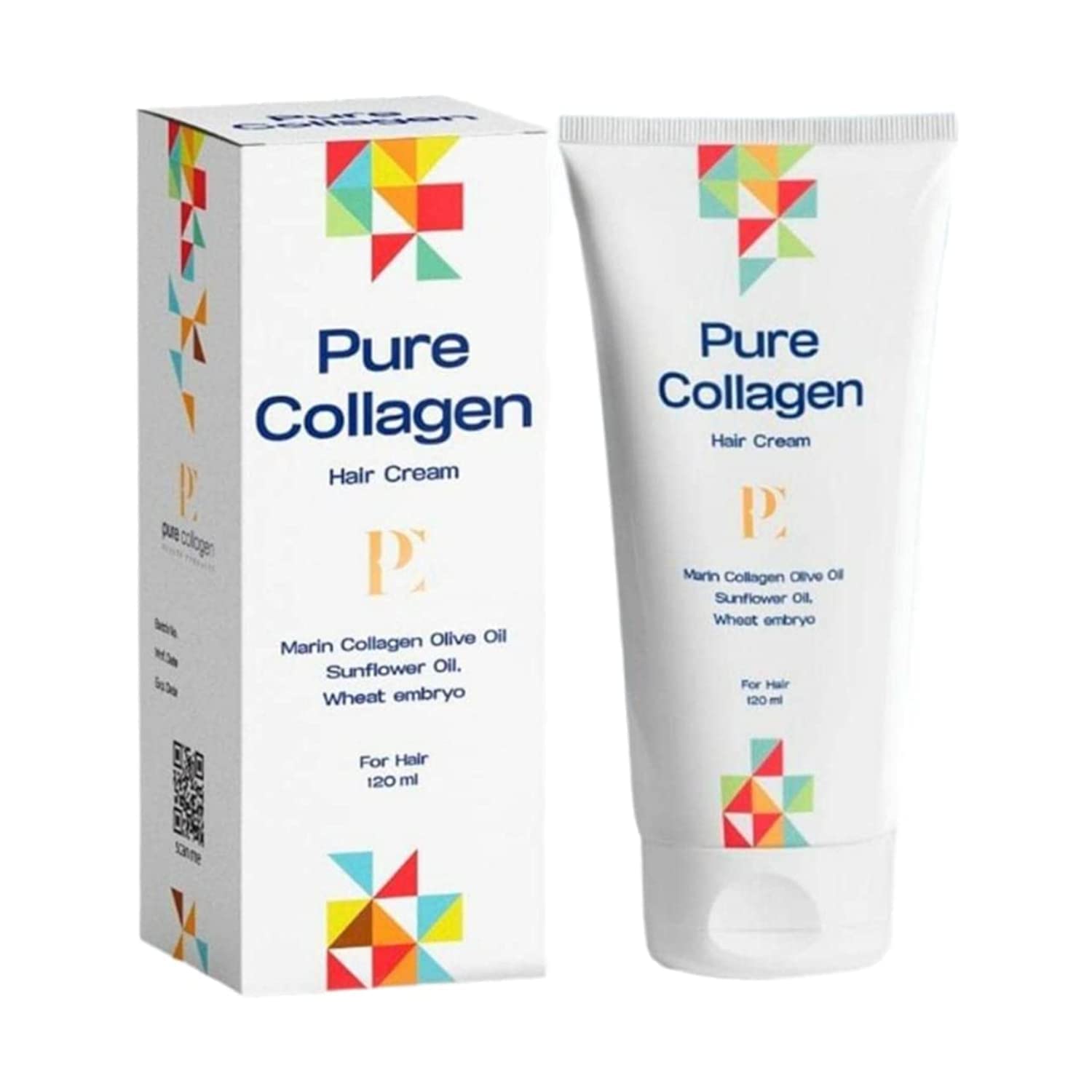 Pure Collagen hair cream packaging with box and tube on a white background