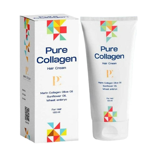 Pure Collagen hair cream packaging with box and tube on a white background
