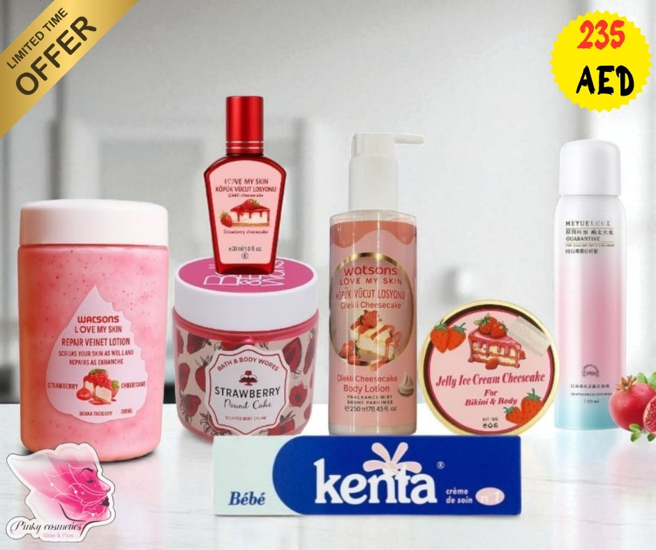 Collection of skincare products with visible branding on a white background