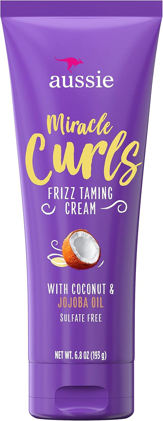 Aussie Miracle Curls Frizz Taming Cream with Coconut & Australian Jojoba Oil, 193g - Sulfate Free + Control Frizz +Smooth + Define - Pinky Cosmetics