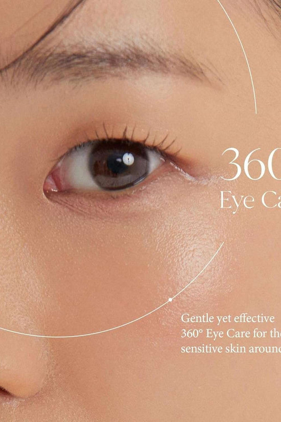 Close-up of an eye demonstrating the AXIS-Y eye serum benefits with a gentle 360-degree eye care approach for sensitive skin.