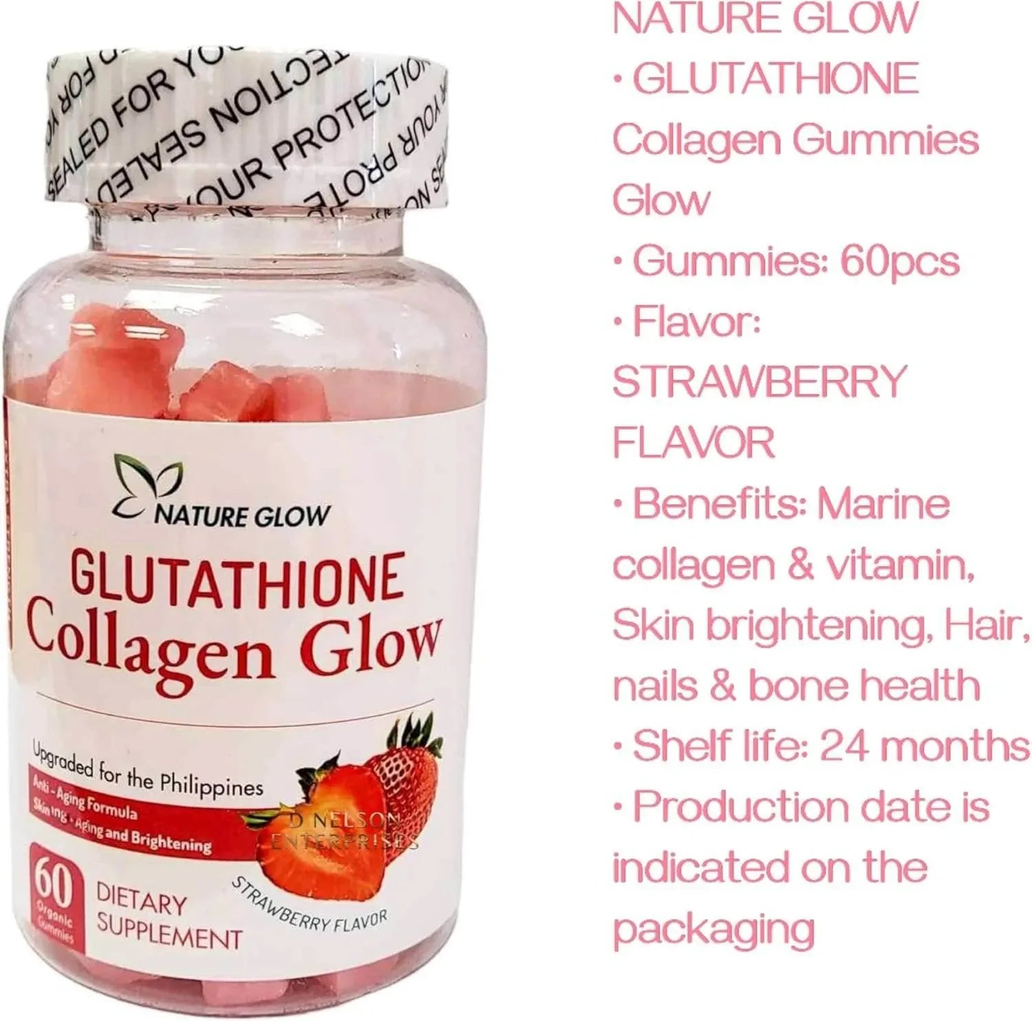 Nature Glow Glutathione Collagen Glow Strawberry Flavor, 60 Organic Chewable Gummies - - Pinky Cosmetics -- United Arab Emirates -- Pinky Cosmetics