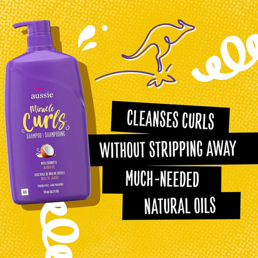 Aussie Miracle Curls Shampoo with Coconut & Jojoba Oil, For All Hair Types, Paraben Free, 26.2 fl oz