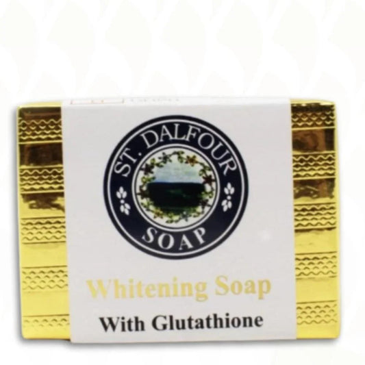 St. Dalfour glutathione soap in gold packaging for skin whitening and brightening, ideal for enhancing natural beauty