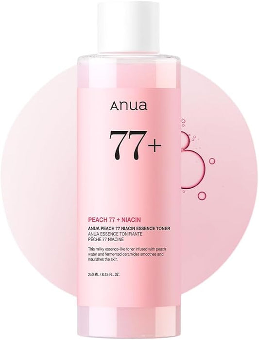 Anua Peach 77 Niacin toner in a pink bottle, designed for nourishing and smoothing healthy skin