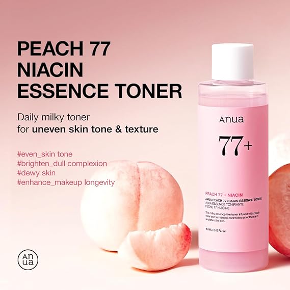 Anua Peach 77 Niacin toner in a pink bottle, promoting even skin tone and enhancing makeup longevity.
