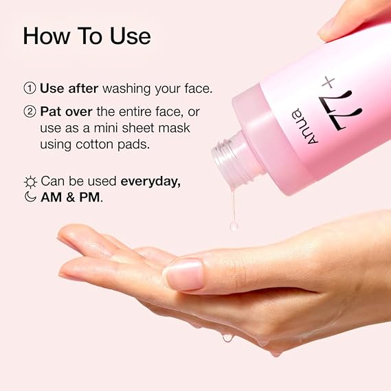 Guide to using Anua Peach 77 Niacin toner, demonstrating application on hand with dropper bottle, suitable for daily use