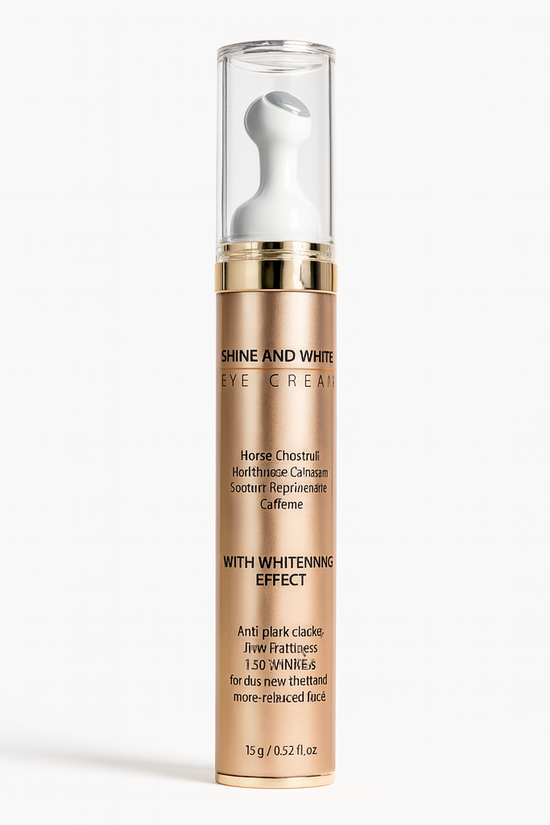 Skincare bottle labeled 'Shine and White' on a white background