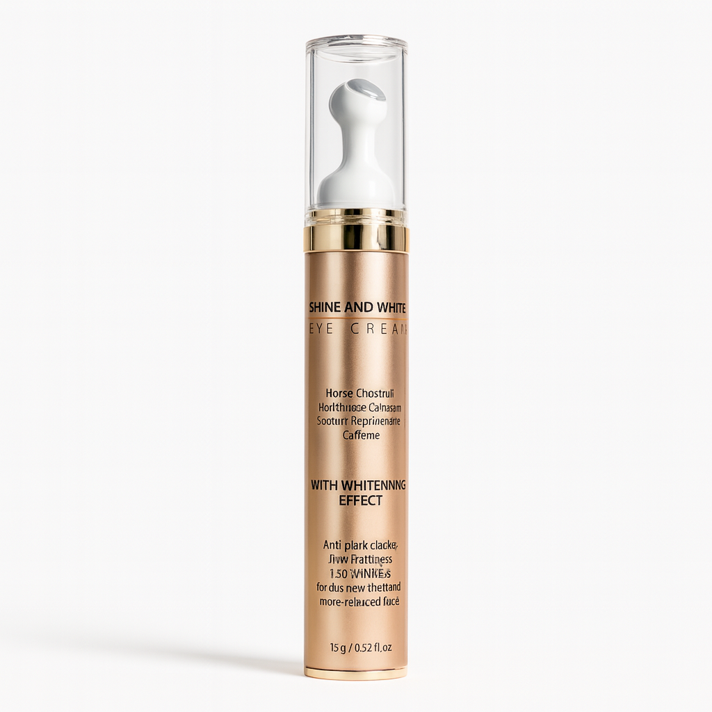 Skincare bottle labeled 'Shine and White' on a white background