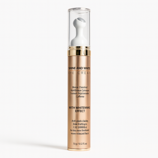 Skincare bottle labeled 'Shine and White' on a white background