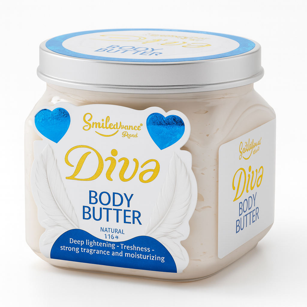 Jar of Smiledance Diva Body Butter with blue and white label on a white background