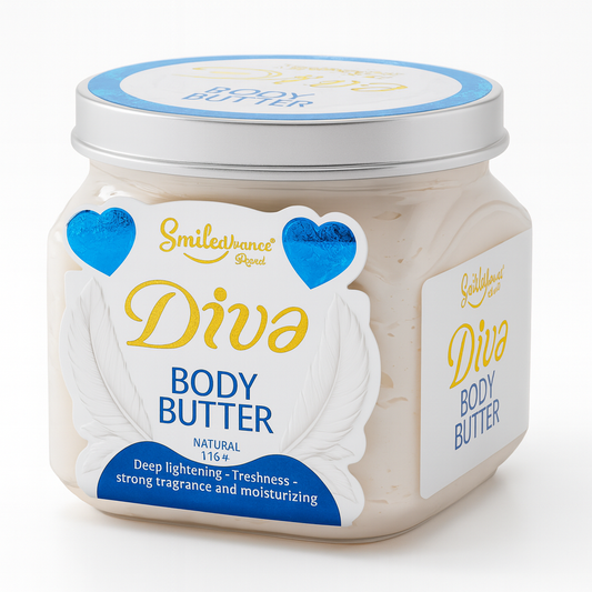 Jar of Smiledance Diva Body Butter with blue and white label on a white background