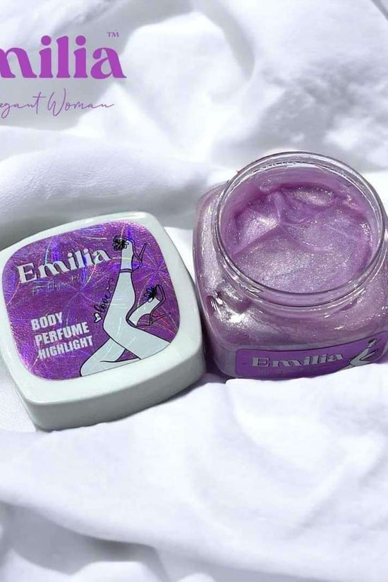 Emilia High Light body perfume in a lavender jar showcasing shimmering texture for enhancing natural glow.