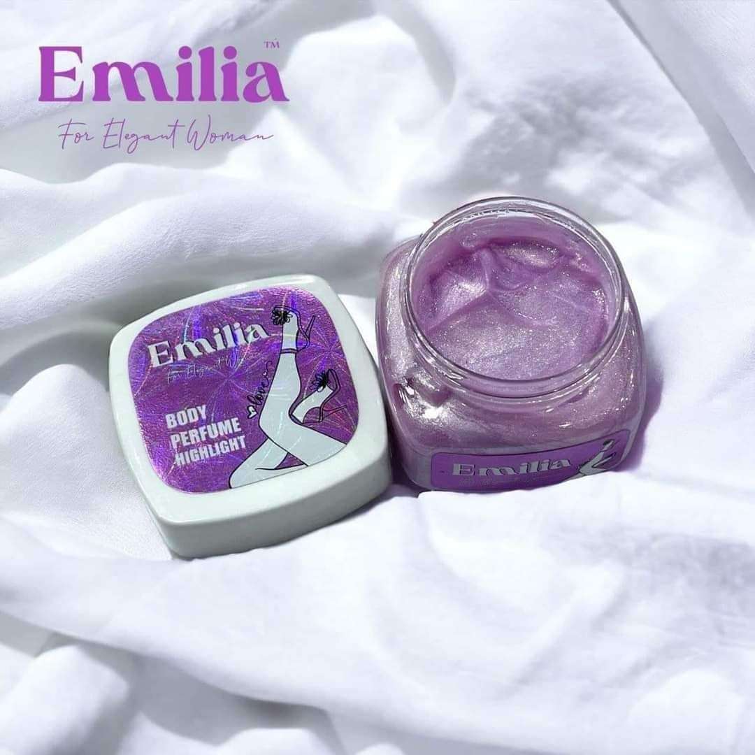 Emilia High Light body perfume in a lavender jar showcasing shimmering texture for enhancing natural glow.