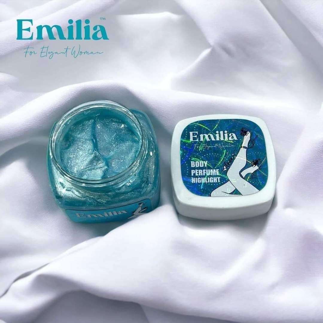 Emilia High Light body perfume in a stylish jar, showcasing a shimmering blue gel for a radiant fragrance experience