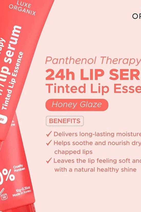 Luxe Organix lip serum in Honey Glaze, a tinted lip essence for moisturizing and enhancing lips with a natural shine