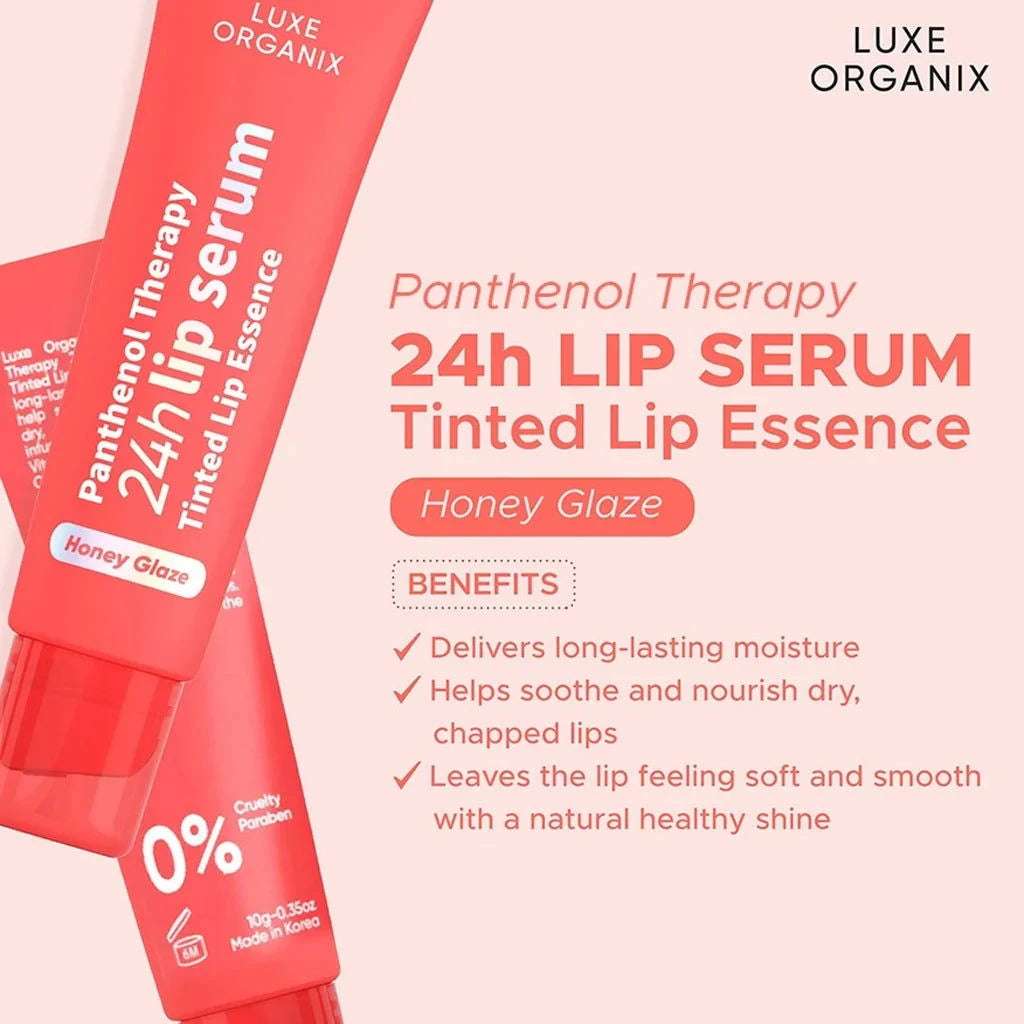 Luxe Organix lip serum in Honey Glaze, a tinted lip essence for moisturizing and enhancing lips with a natural shine