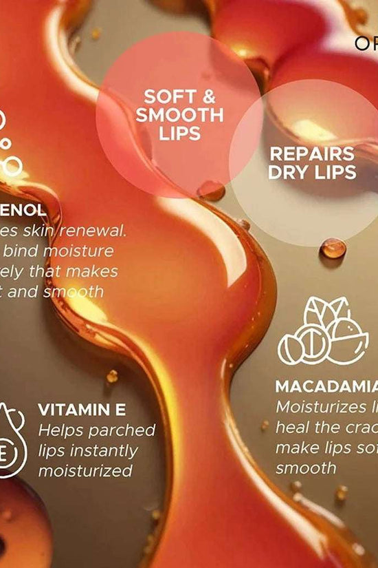 Luxe Organix lip serum tinted in Honey Glaze, promoting soft and smooth lips with moisturizing panthenol and vitamin E
