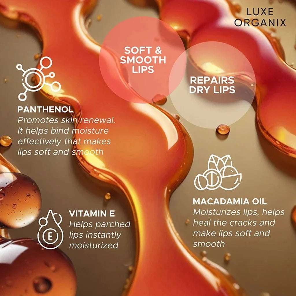 Luxe Organix lip serum tinted in Honey Glaze, promoting soft and smooth lips with moisturizing panthenol and vitamin E