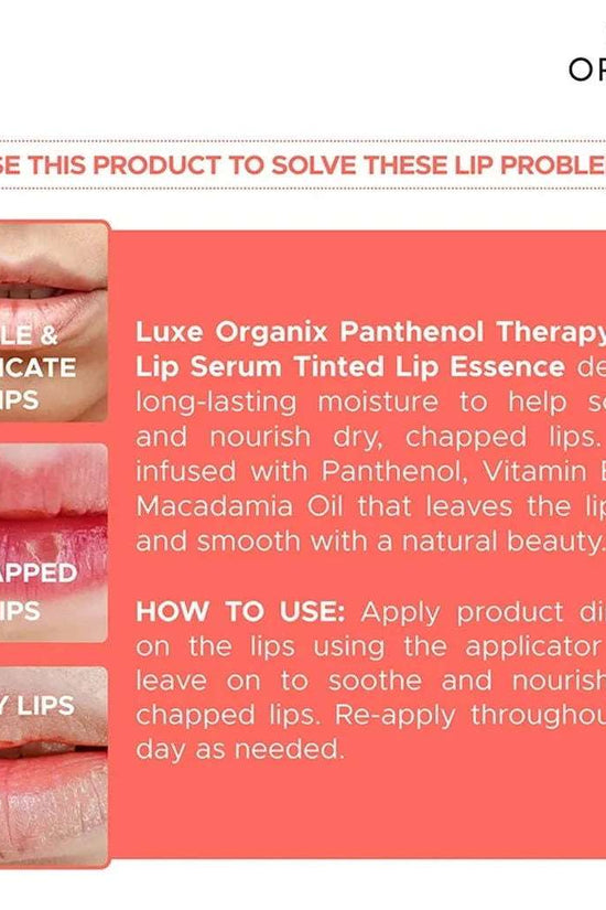 Luxe Organix lip serum tinted lip essence in Honey Glaze, a nourishing treatment for pale, chapped, and dry lips.