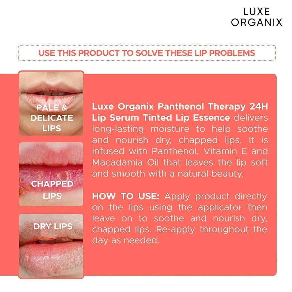 Luxe Organix lip serum tinted lip essence in Honey Glaze, a nourishing treatment for pale, chapped, and dry lips.