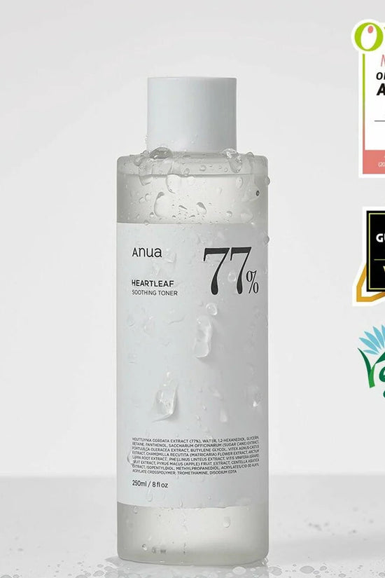Vegan calming skin toner featuring Heartleaf 77% in a clear bottle for refreshing and purifying skin care