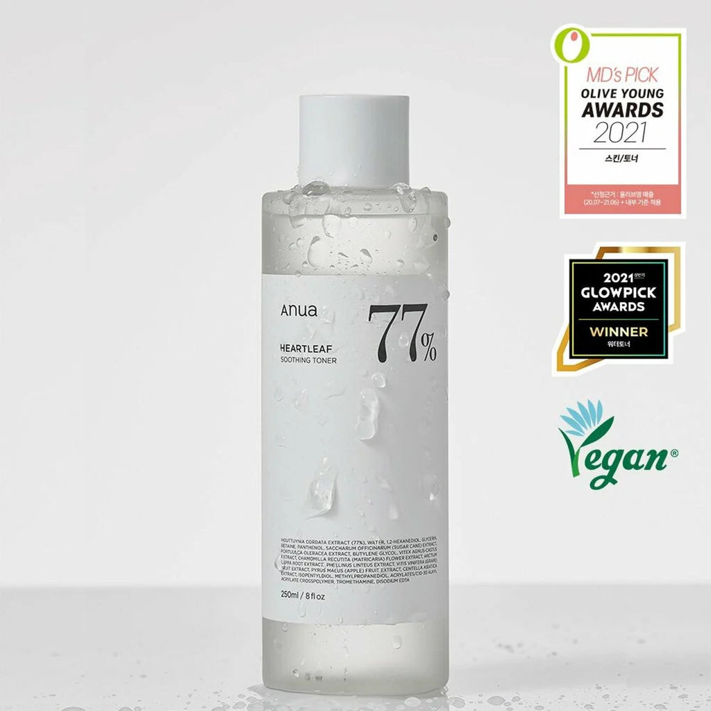 Vegan calming skin toner featuring Heartleaf 77% in a clear bottle for refreshing and purifying skin care