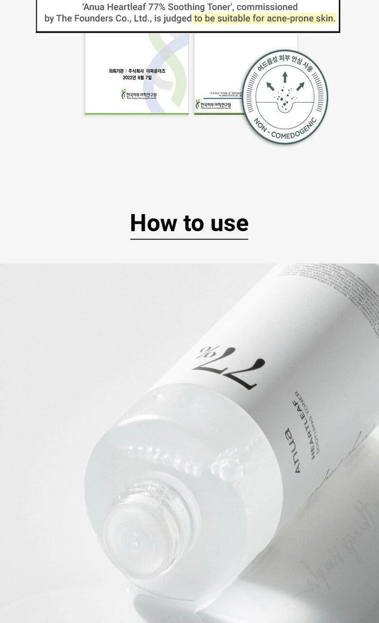 Vegan calming skin toner with 77% heartleaf for soothing and refreshing acne-prone skin, packaged in a sleek bottle