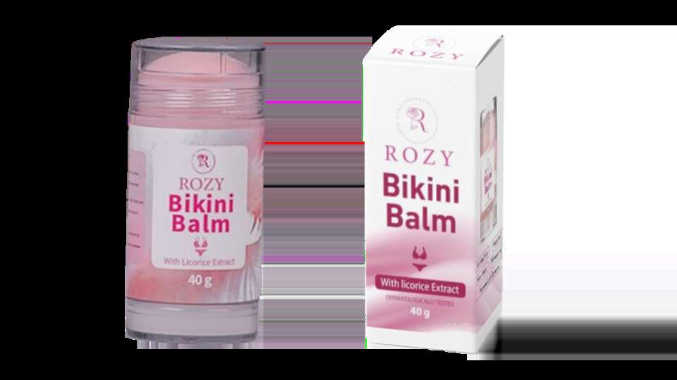 Rozy Bikini Balm for sensitive skin in a 40g container, featuring moisturizing properties and licorice extract for skin nourishment