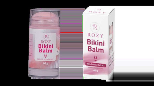 Rozy Bikini Balm for sensitive skin in a 40g container, featuring moisturizing properties and licorice extract for skin nourishment