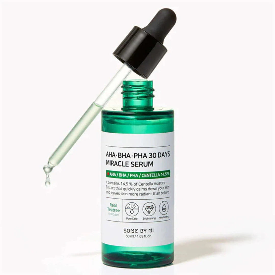 SOME BY MI AHA BHA PHA serum in a green bottle with dropper, promoting skin luminosity and hydration.