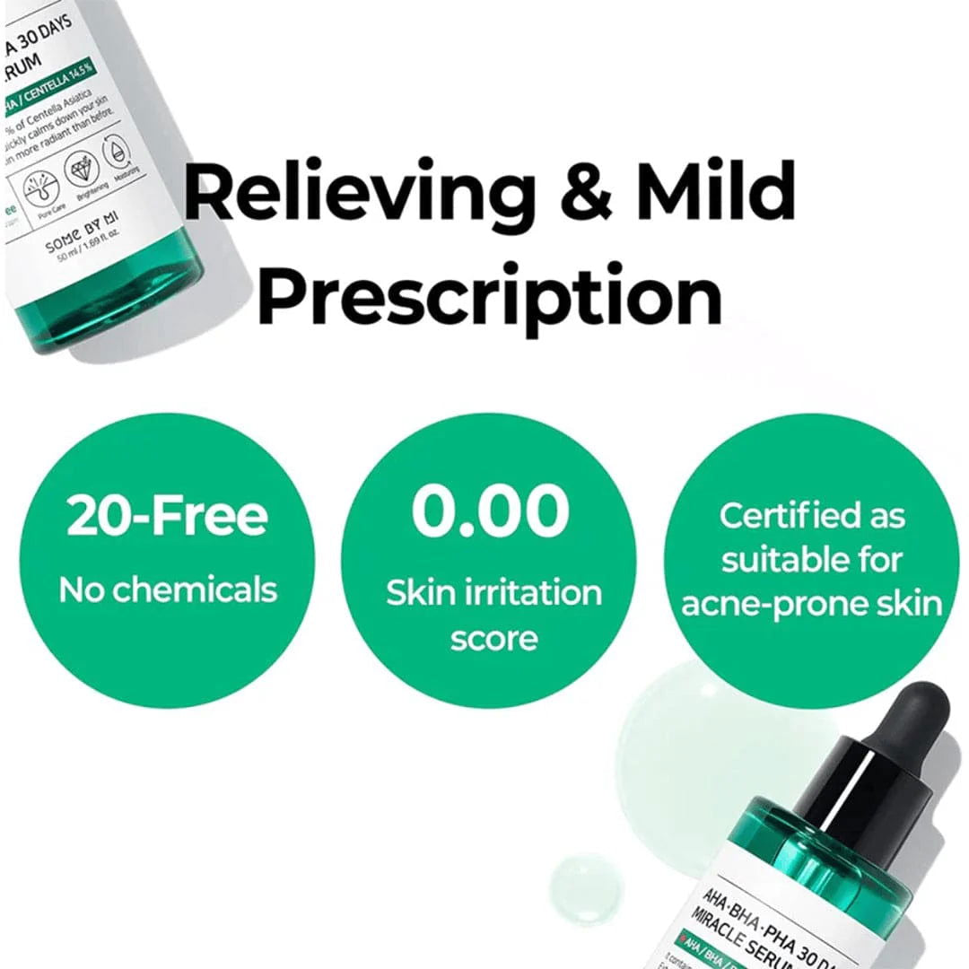 SOME BY MI AHA BHA PHA serum in a dropper bottle, designed for acne-prone skin with 20-free formula and zero irritation score.