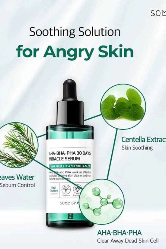 SOME BY MI AHA BHA PHA serum in a dropper bottle, with soothing ingredients for angry skin and sebum control