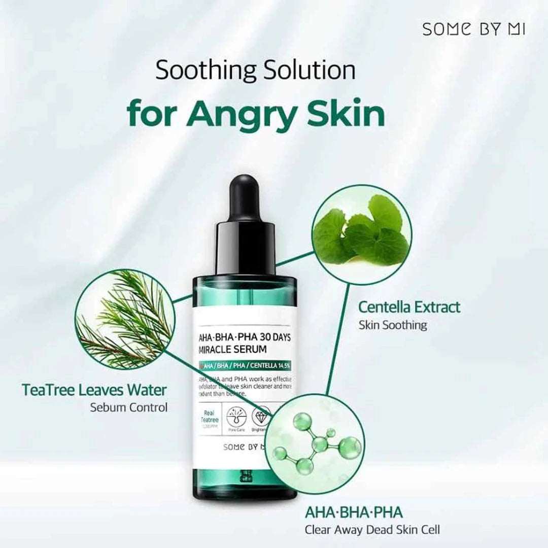 SOME BY MI AHA BHA PHA serum in a dropper bottle, with soothing ingredients for angry skin and sebum control