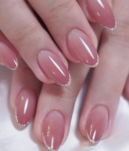 24pcs Fake Nails In Gradient Beige Color With Gold Edge And Glitter Dust + 24pcs Jelly Glue + Nail File Press On Nails