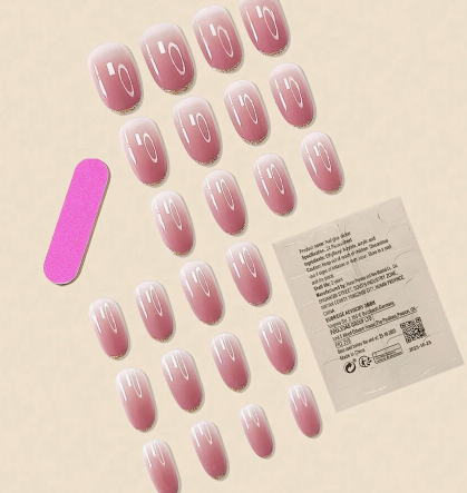 24pcs Fake Nails In Gradient Beige Color With Gold Edge And Glitter Dust + 24pcs Jelly Glue + Nail File Press On Nails