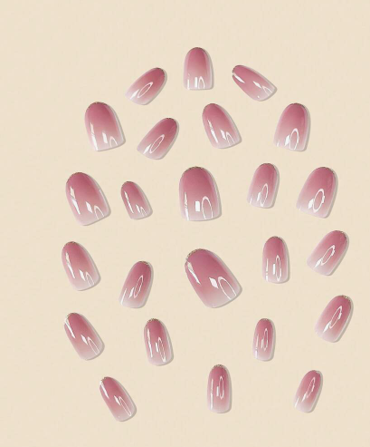 24pcs Fake Nails In Gradient Beige Color With Gold Edge And Glitter Dust + 24pcs Jelly Glue + Nail File Press On Nails